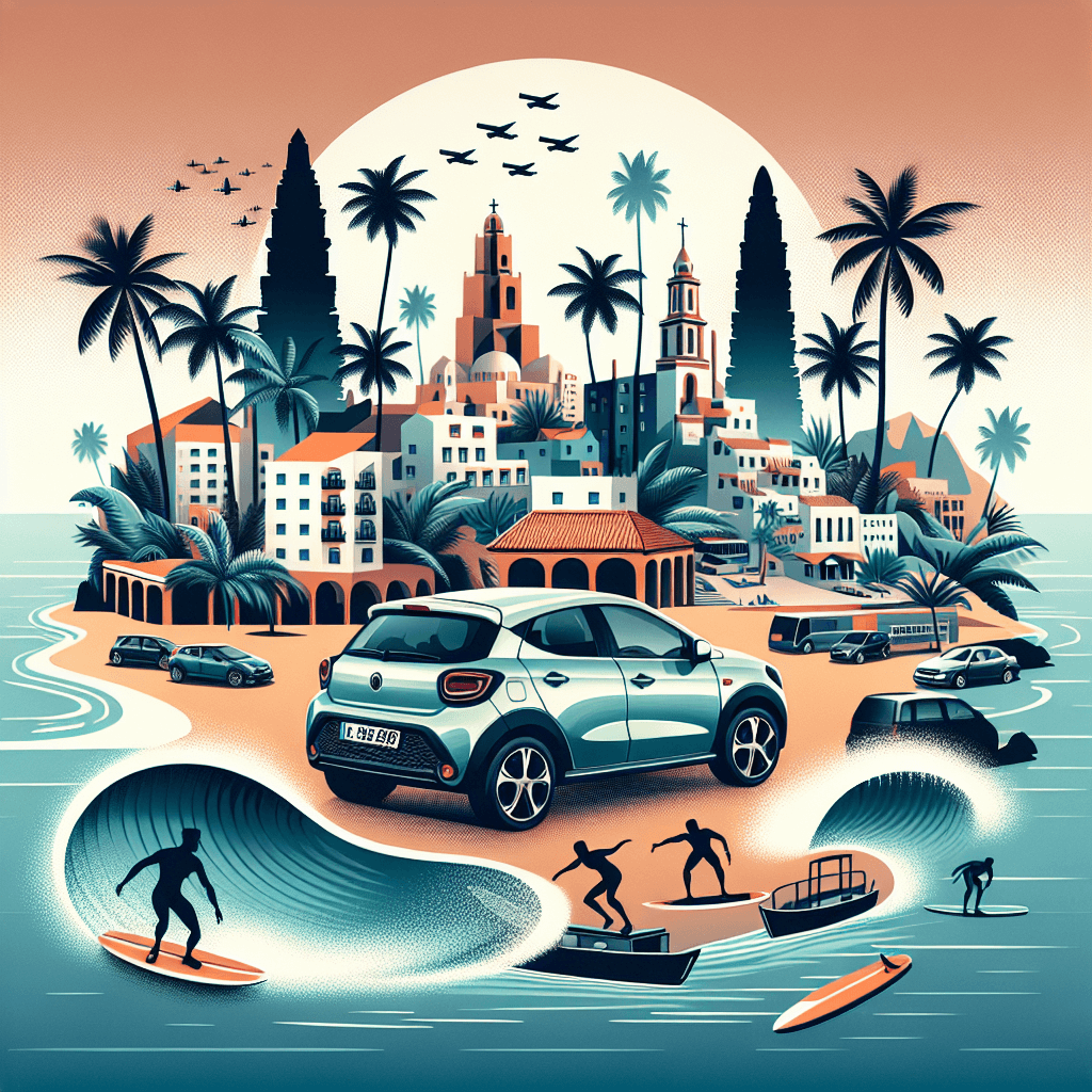 City car, palm trees, iconic buildings, ocean, surfers