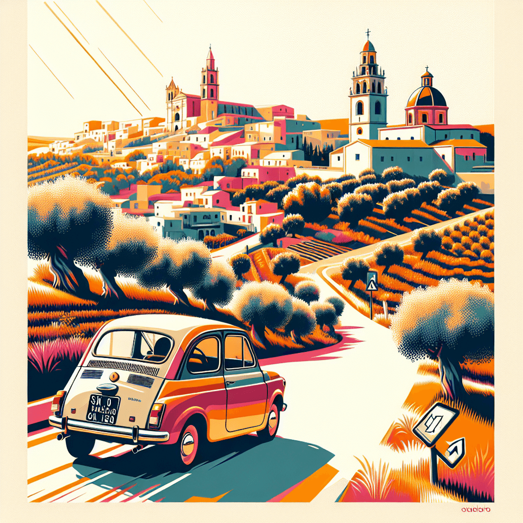 City car in Lucena landscape with church, castle and olive trees
