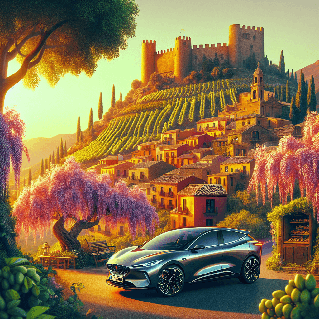 City car, pistachio tree, grapevines, coastal town, castle, sunset