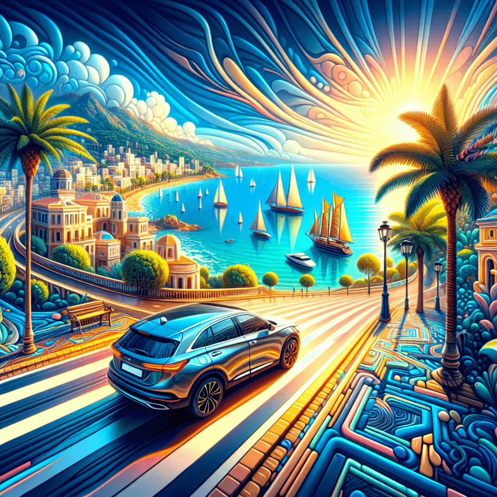 City car, palm trees, sea, yachts, Golden Mile