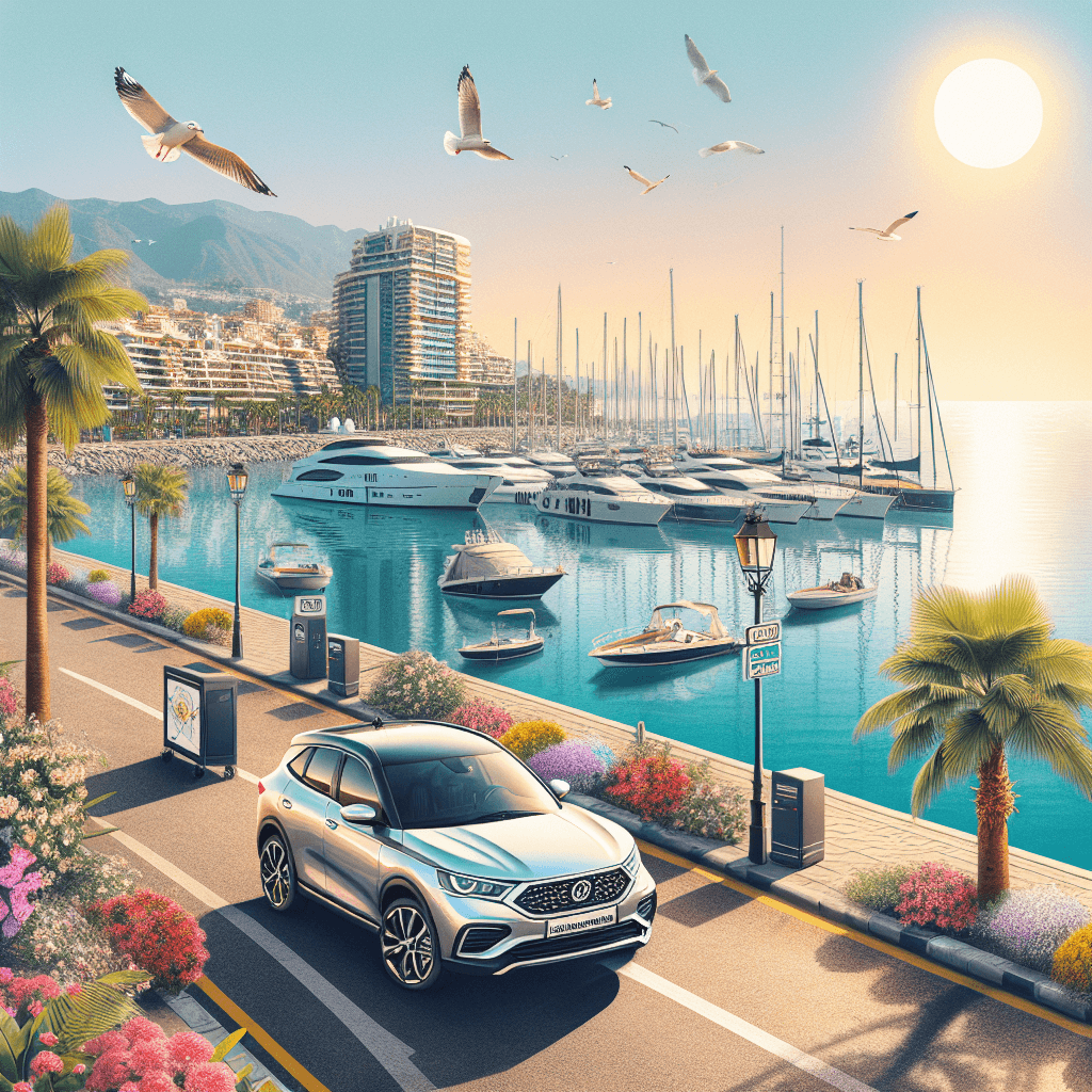 Coche estacionado junto a flores y puerto deportivo soleado
