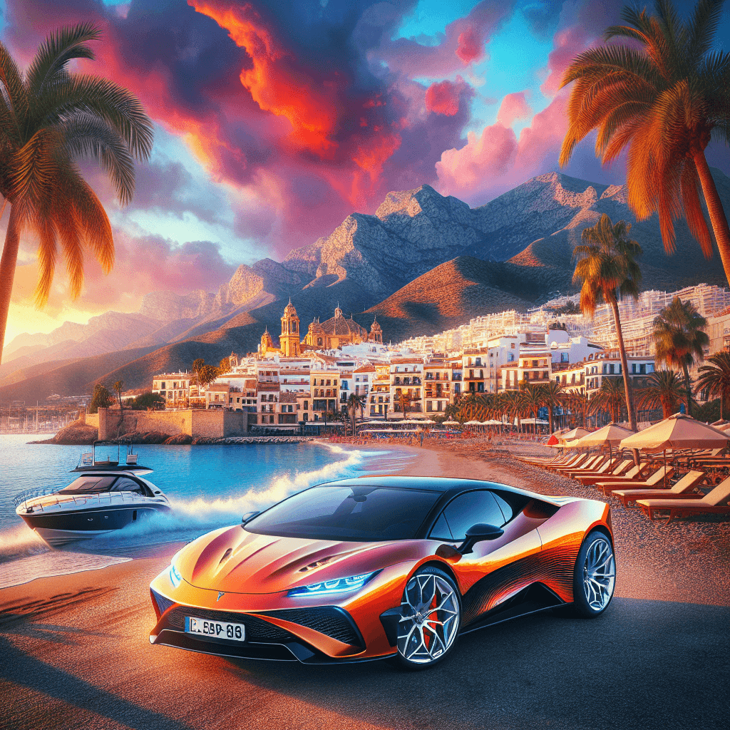 Voiture sur plage, yacht, montagnes et vieux Marbella