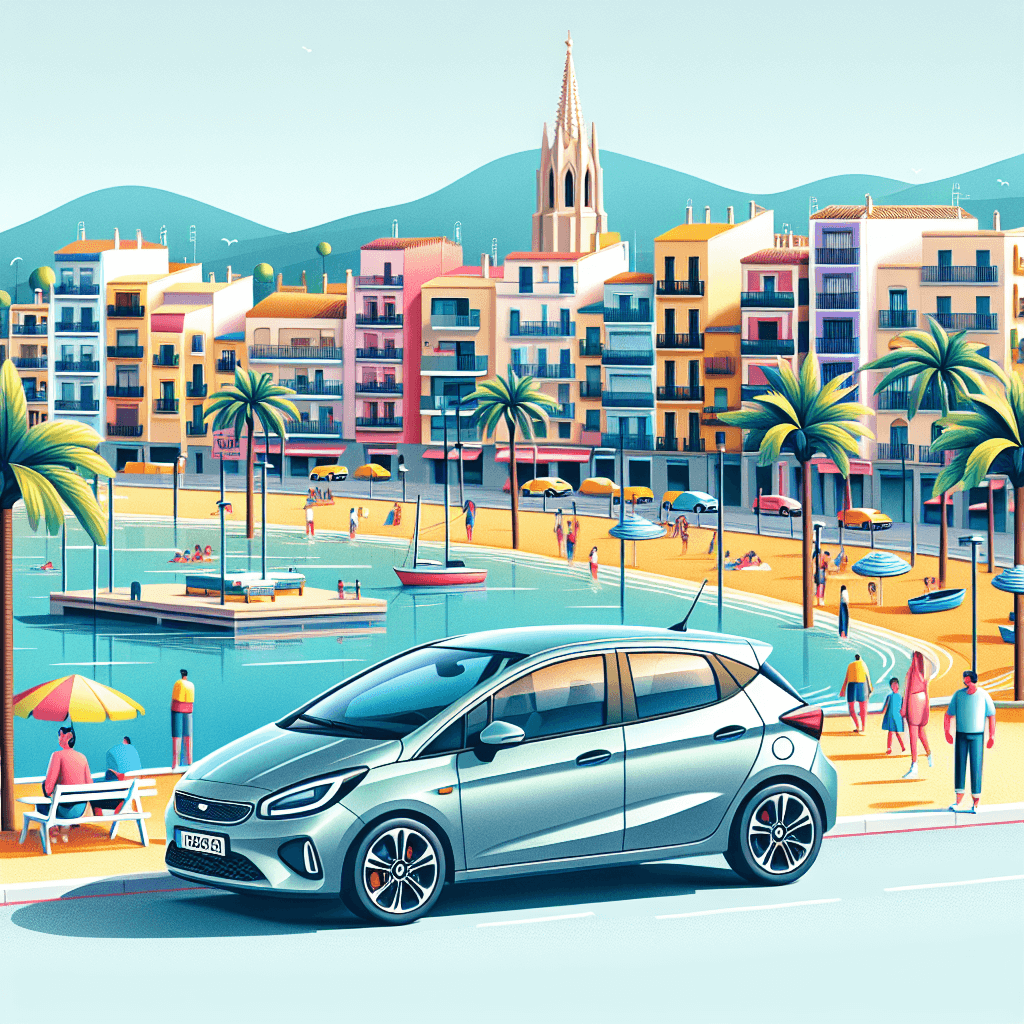 Coche en Mataró con puerto, palmeras y edificios coloridos