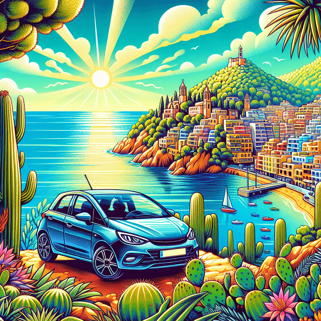 City car overlooking colourful houses, palm trees and sea