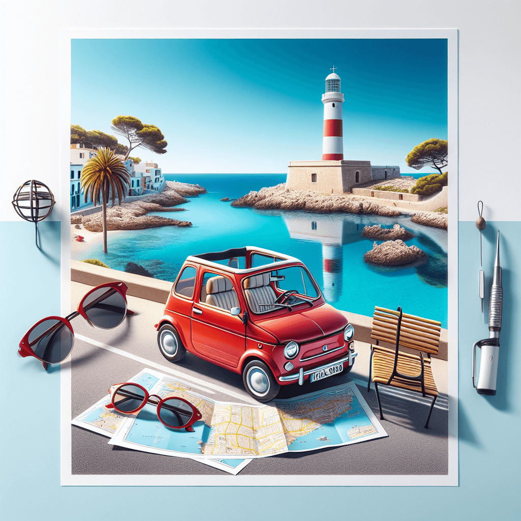 City car in sunny Menorca beach with lighthouse