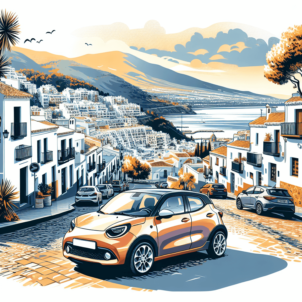 Elegant city car on cobblestone street, surrounded by vibrant Mijas scenery