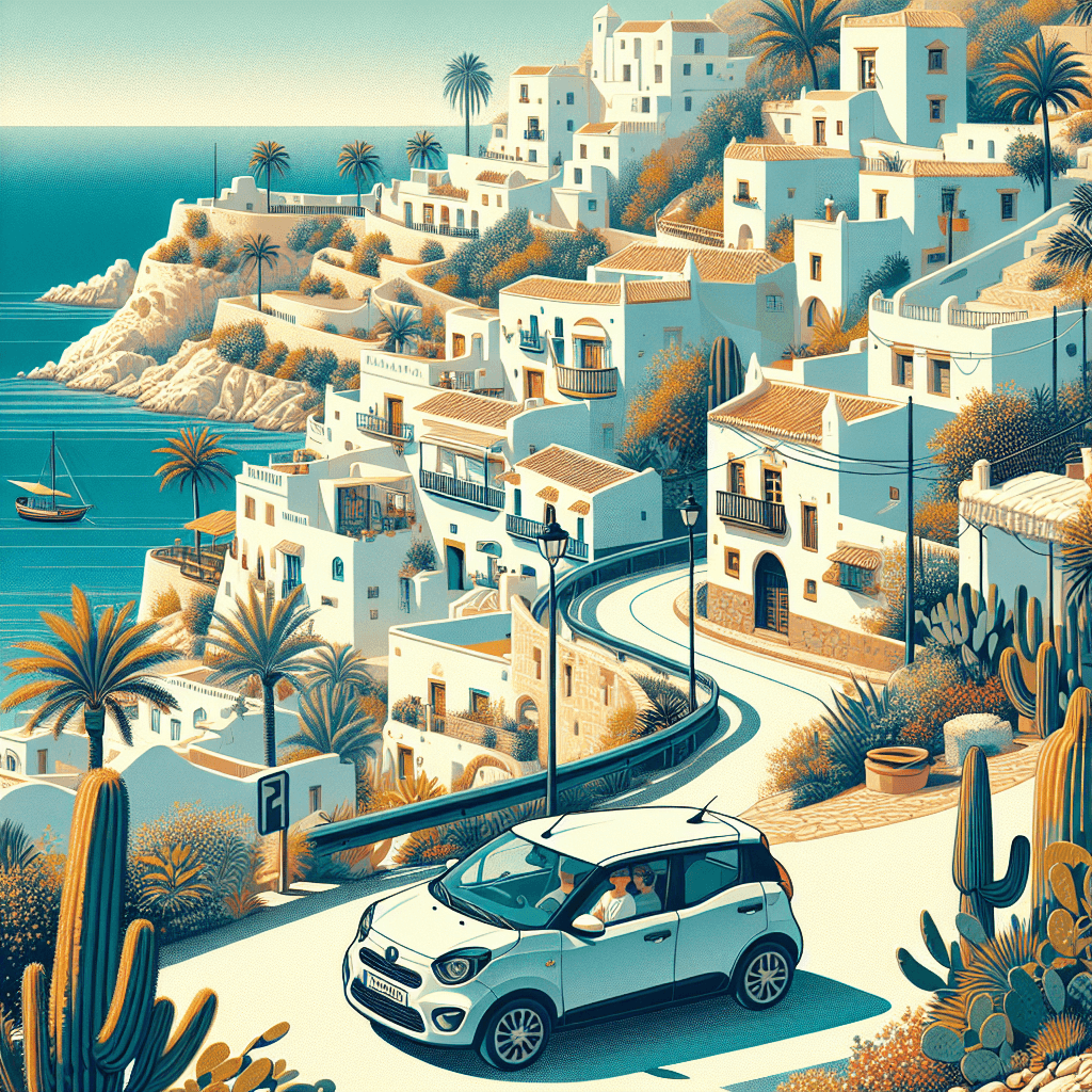 Piccola auto in città, case bianche tipiche, palme e mare