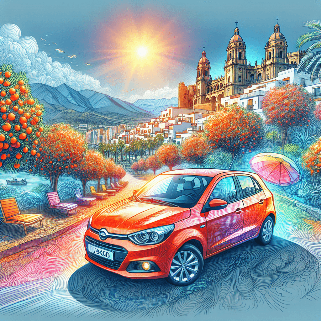 Auto rossa, Alcazaba, mare Mediterraneo, ombrelloni colorati