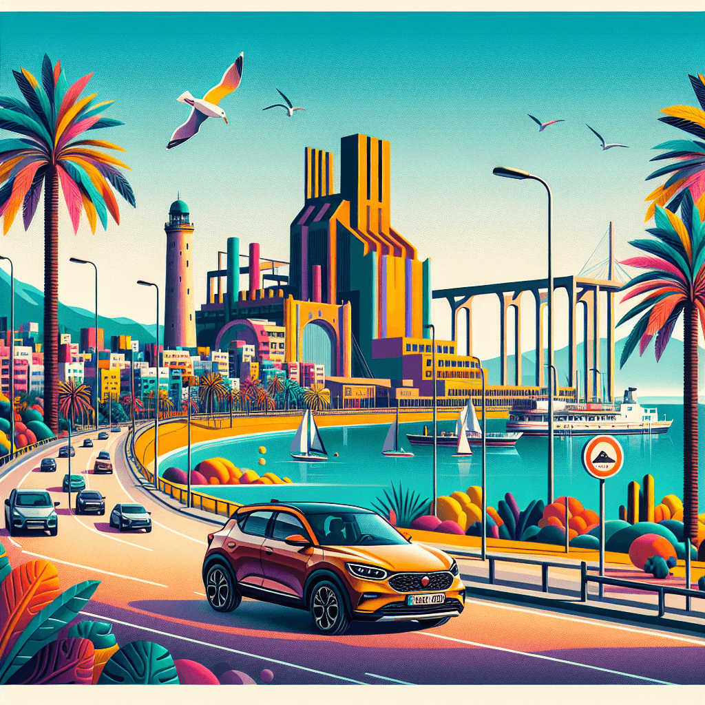 Une voiture de ville, Nau Gaudi, des palmiers, une mouette, la mer Méditerranée
