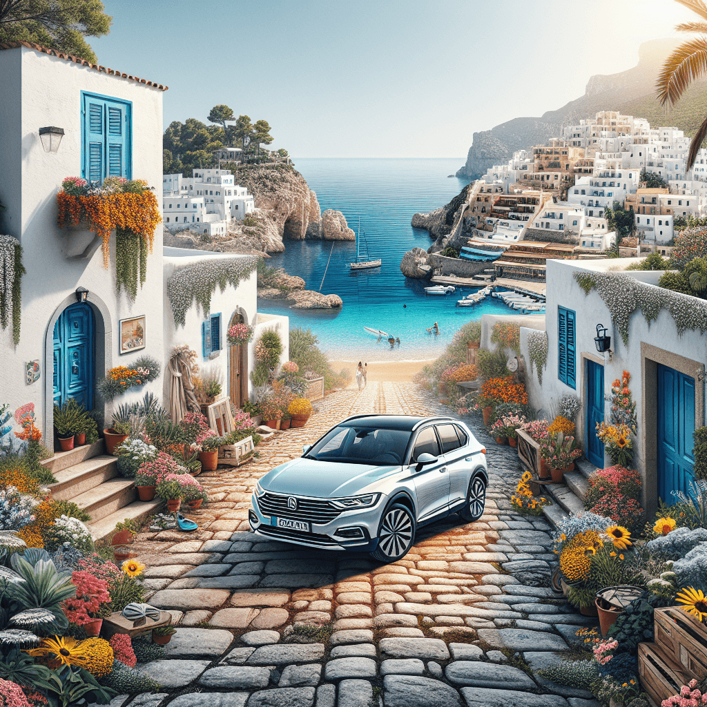 City car amidst Nerja's charming streets and sea backdrop