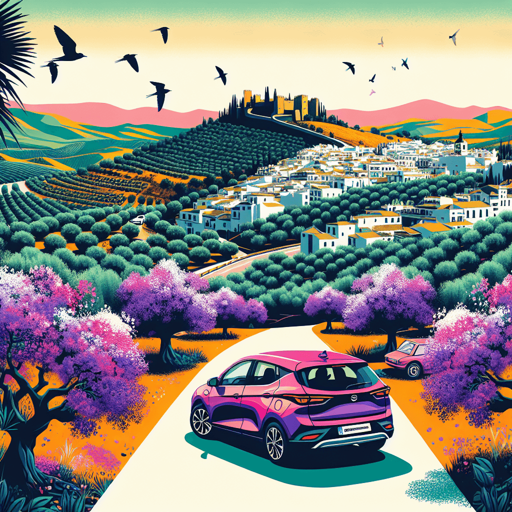 City car amidst olive groves, whitewashed village, castle and jacarandas