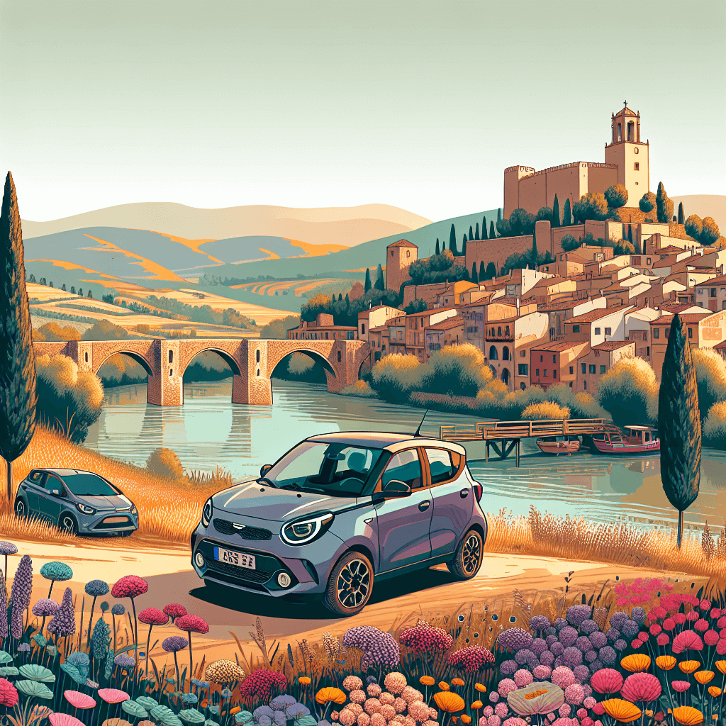 Voiture urbaine, château médiéval, pont, collines, fleurs sauvages, rivière