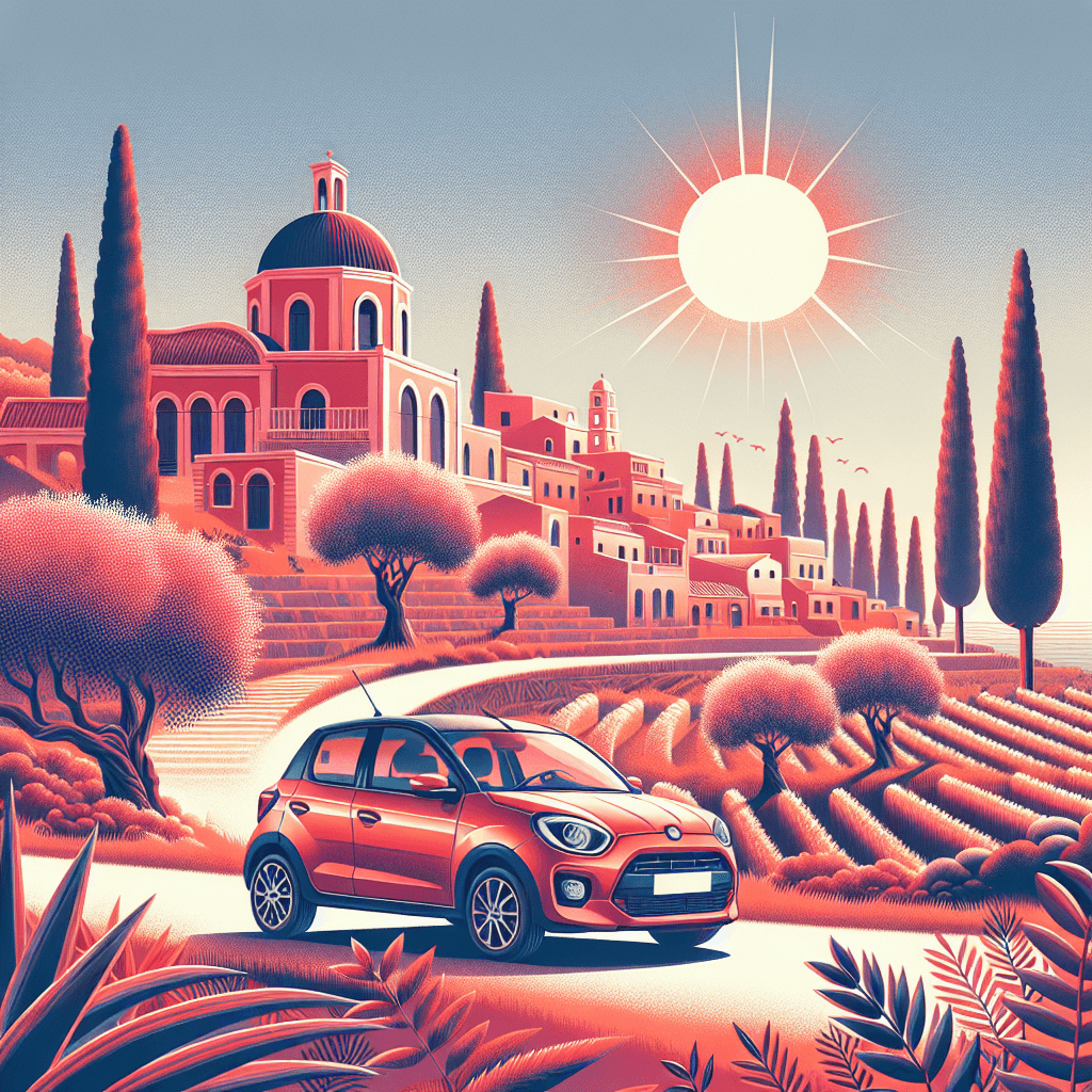 City car amidst Gaudí buildings, olive trees, vineyards under Mediterranean sun