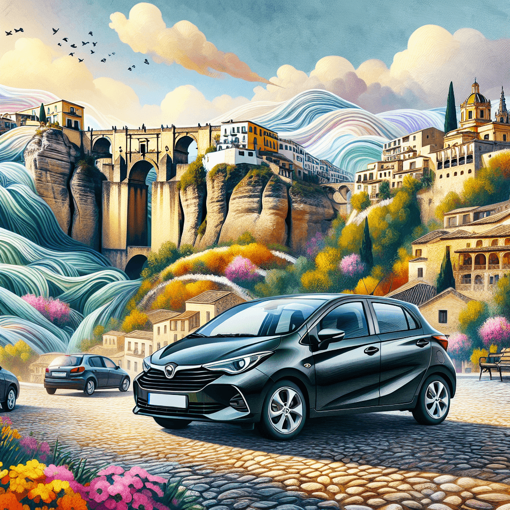 City car amidst Ronda landscape with bridge and flourishing flowers