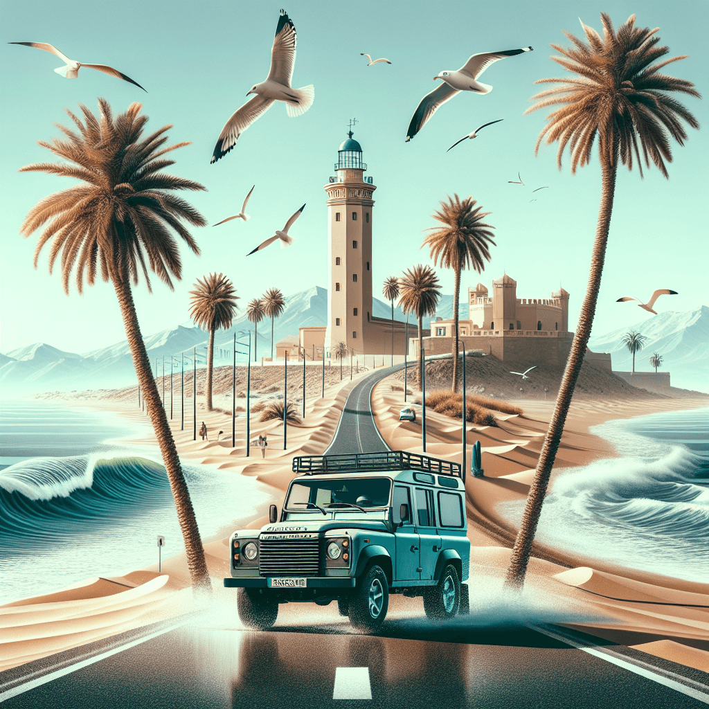City car by Roquetas de Mar lighthouse, castle, and beach.