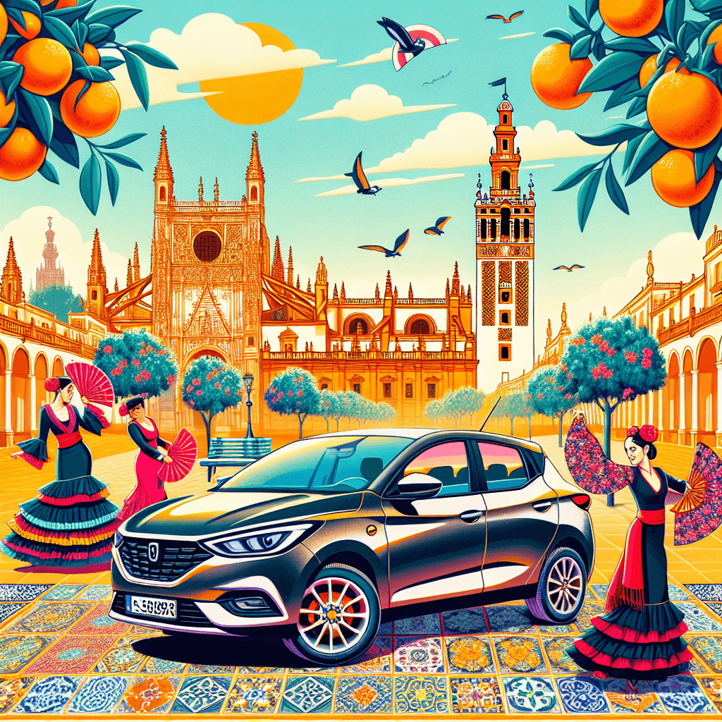 City car in Seville with flamenco dancers, cathedral, orange trees