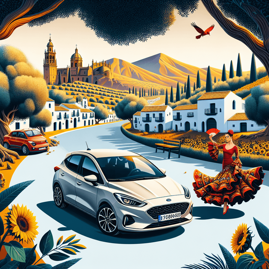 Stadt-Auto in andalusischer Landschaft, Flamenco-Tänzerin, Olivenbäume und Sonnenblumen