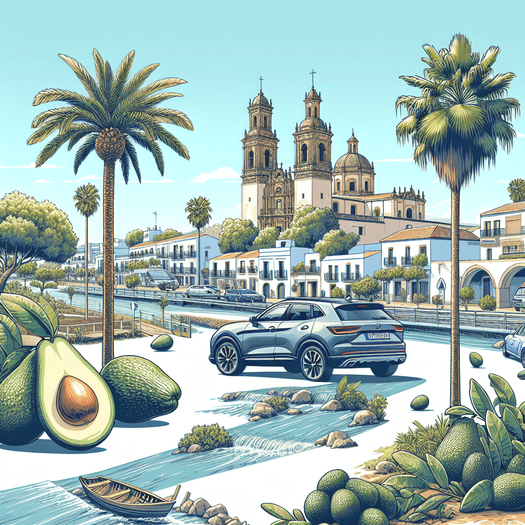 Stadtauto, Ayamonte-Architektur, Guadiana-Fluss, Palmen, blauer Himmel