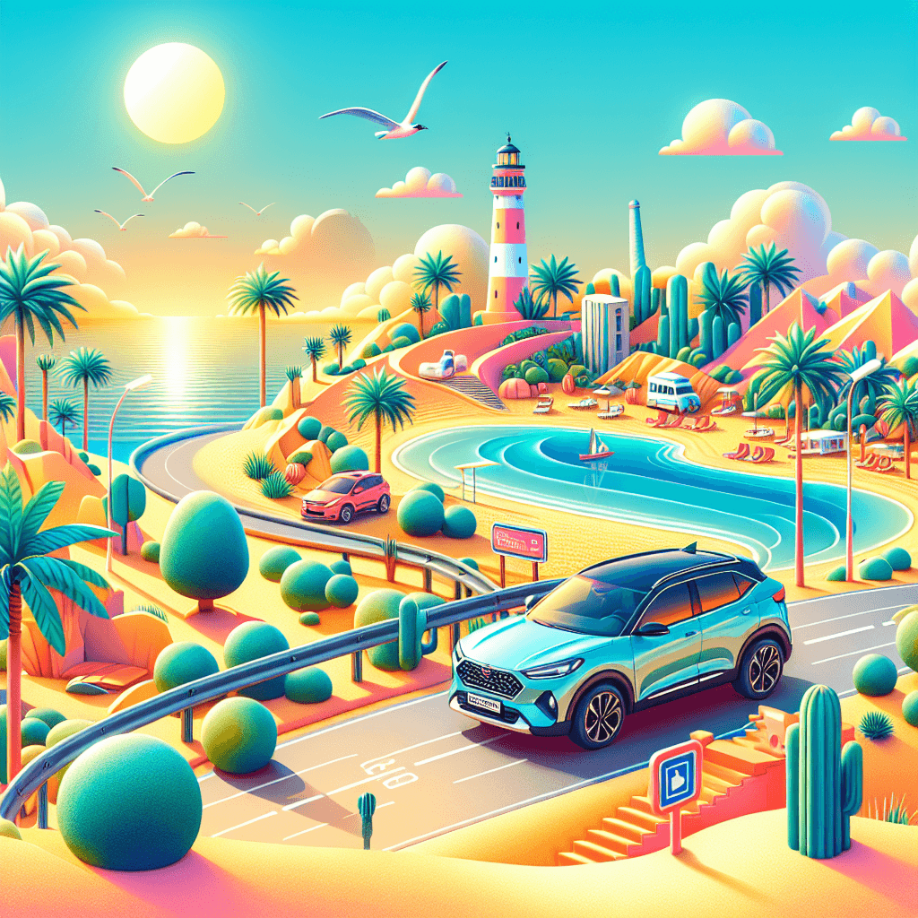 Stadt-Auto unter Palmen, Strand, Sanddünen, Leuchtturm im Hintergrund