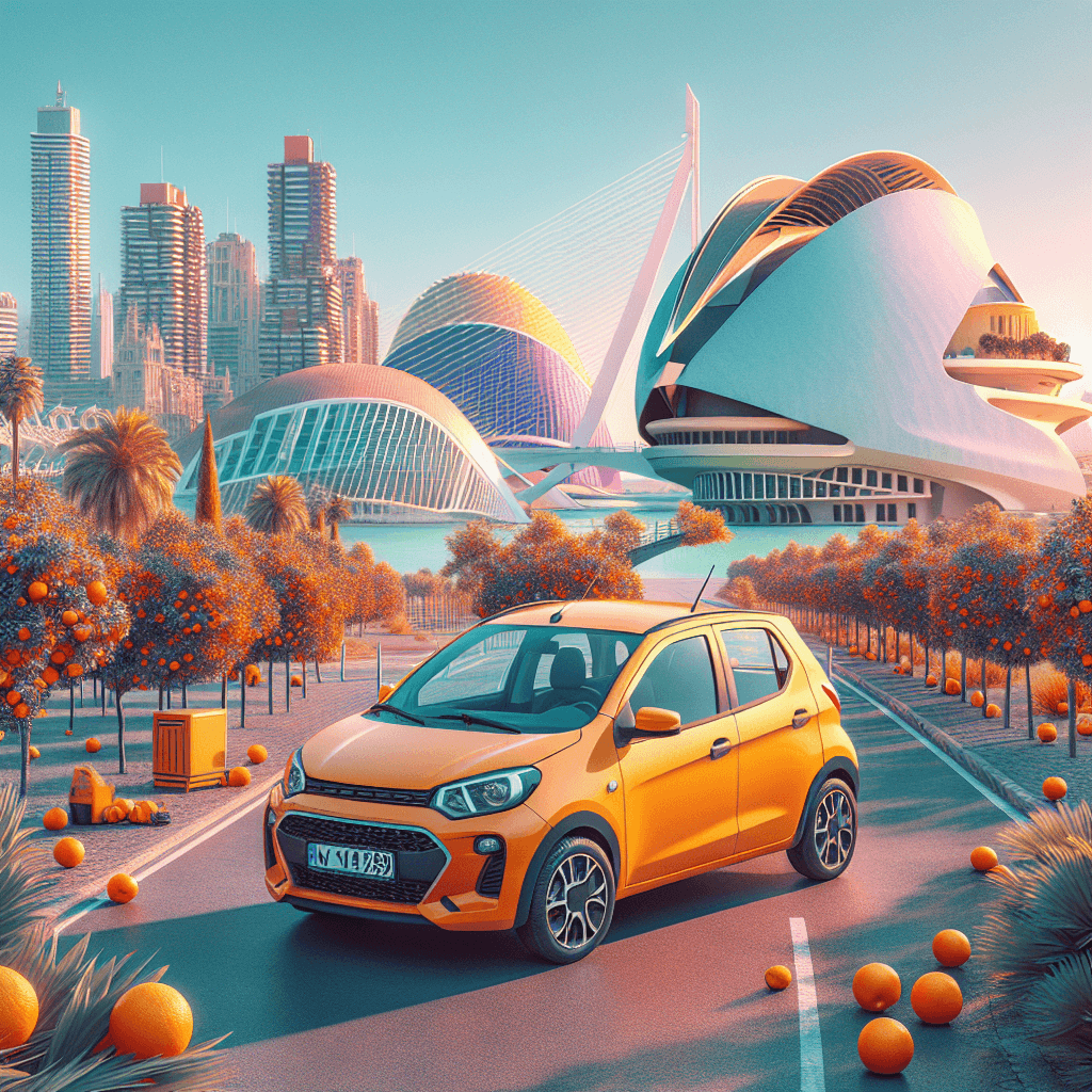 Stadtauto umgeben von Orangenbäumen, Kunst und Meerblick
