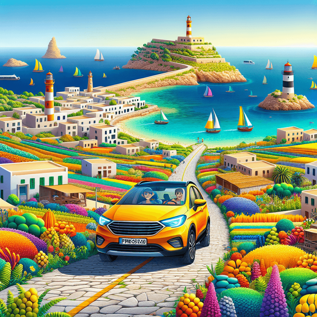 Stadt-Auto, malerische Leuchttürme, Landstraßen, wilde Blumen, klares Mittelmeer