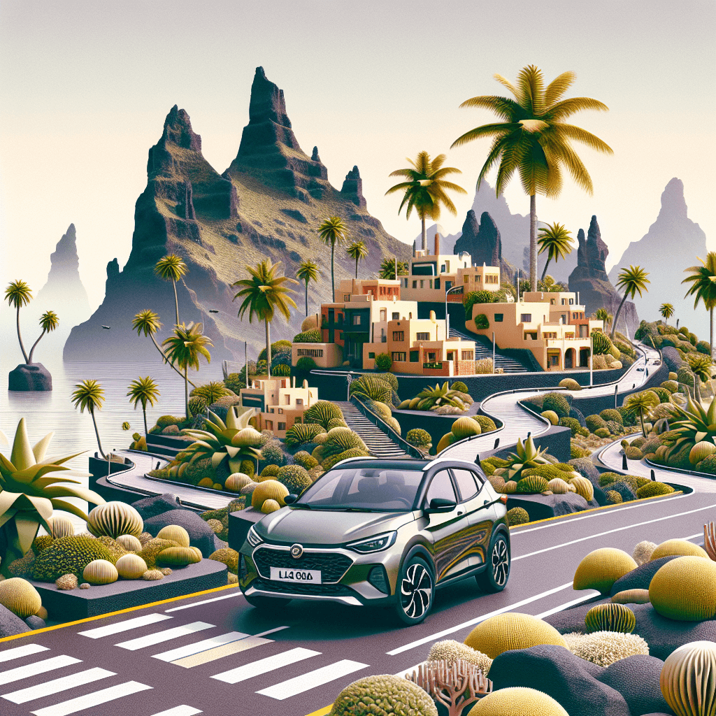 Stadt-Auto umgeben von Palmen und einzigartiger Vegetation auf La Gomera