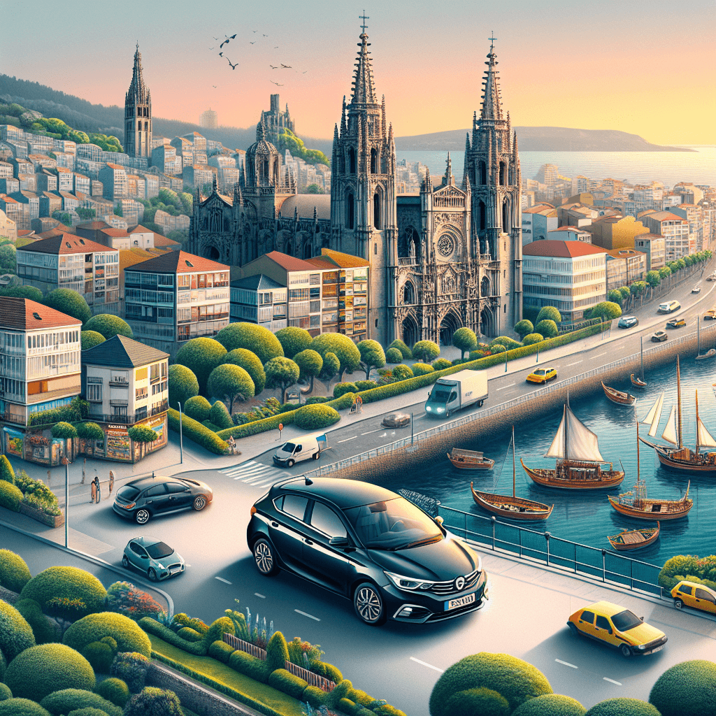 Stadtauto, Vigo Kathedrale, Fischerboote, Meer, Sonnenuntergang