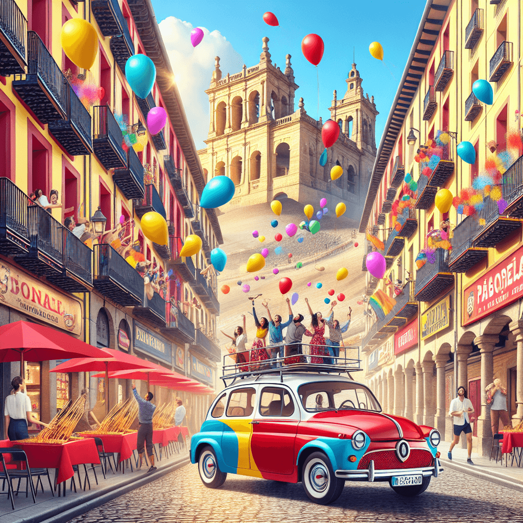 Stadtwagen in Pamplona, bunte Ballone, fröhliche Leute, Pinchos auf Tischen