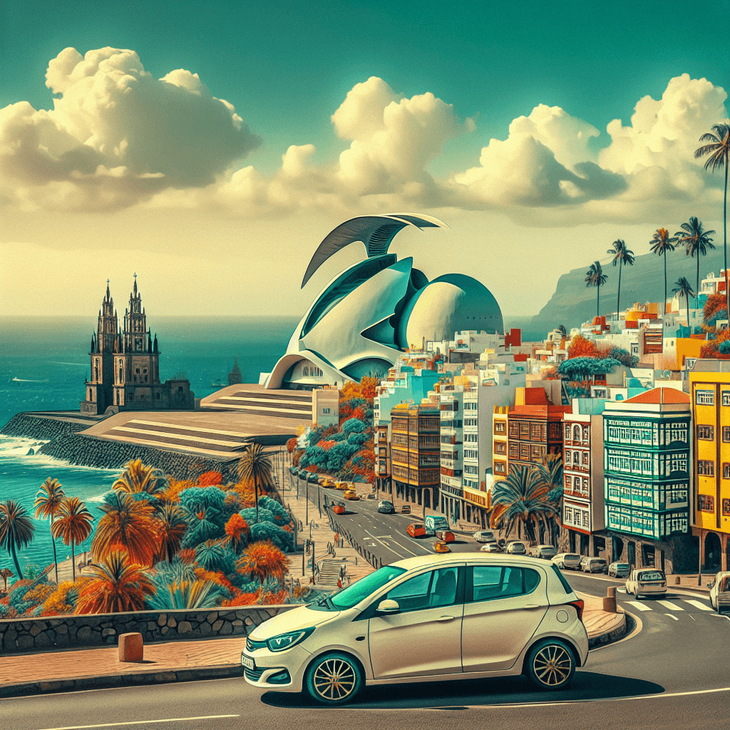 City car with Tenerife's scenery, auditorium, palm trees