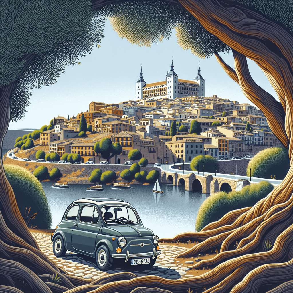 City car, Toledo scenery, cobblestone streets, ancient olive tree