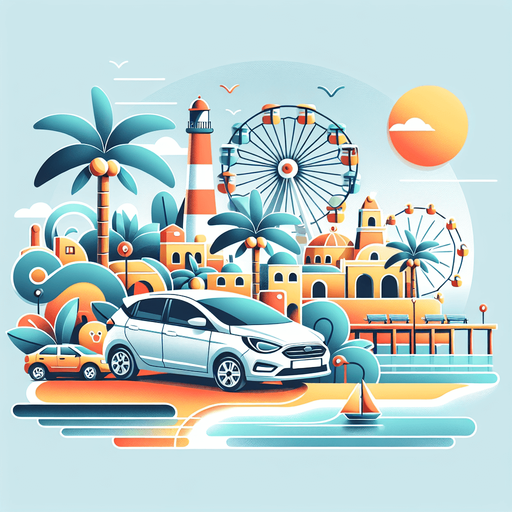 Stadt Auto, Palmen, Strand, Leuchtturm und Riesenrad in Torre del Mar