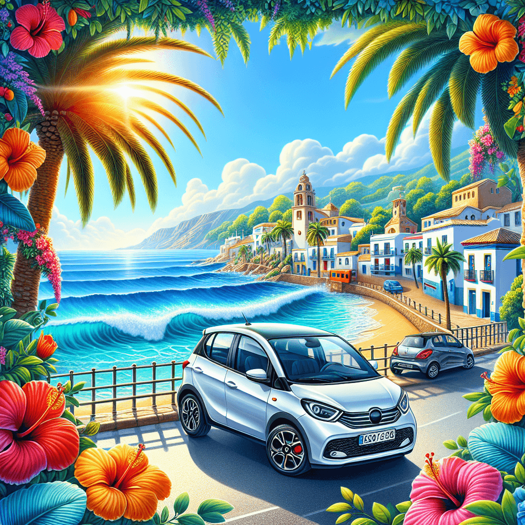 City car amid vibrant Torremolinos scenery, sun, and flowers