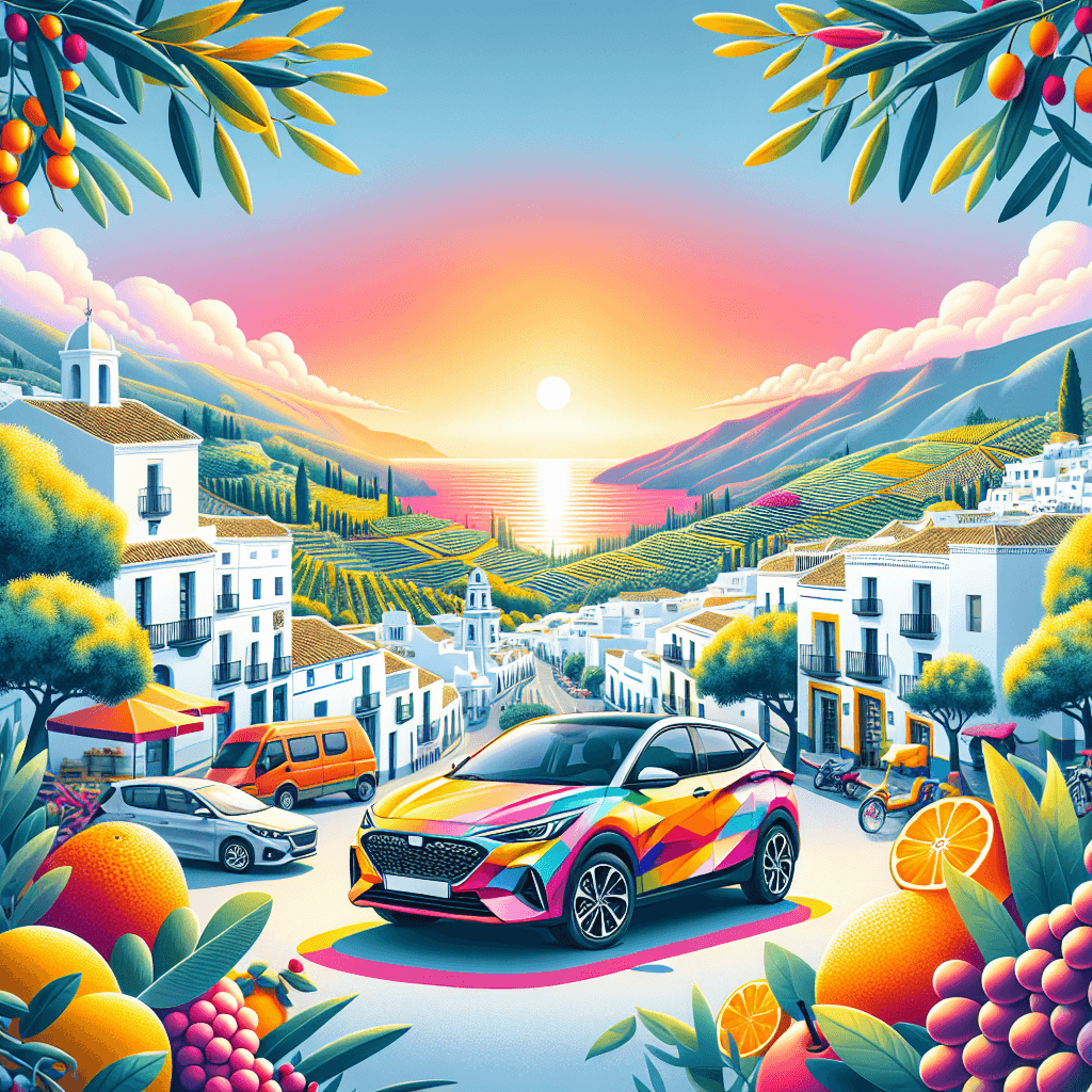 Coche en Vélez-Málaga con olivos, mar y atardecer
