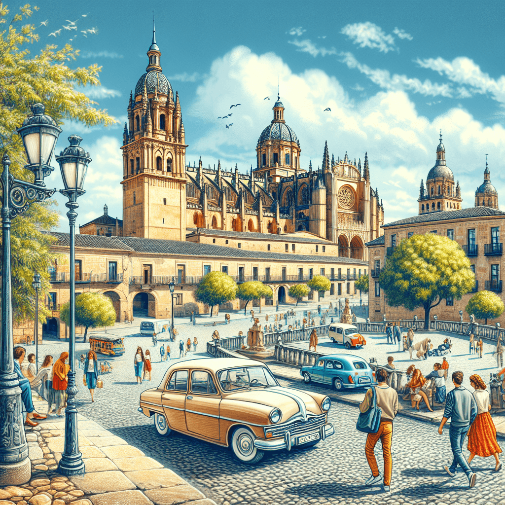 Auto in città, sfondo con Cattedrale, Università e Plaza Mayor Salamanca