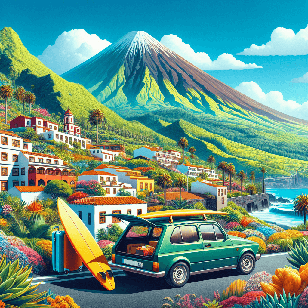 Auto in città, surf, valigia, Tenerife paesaggio, Teide