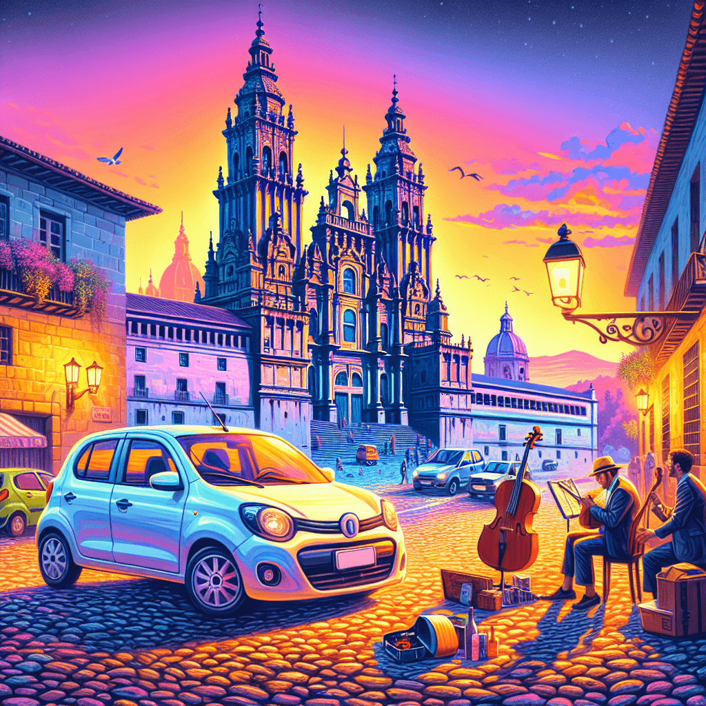 Coche, Santiago De Compostela, calles adoquinadas, músicos, cielo crepuscular