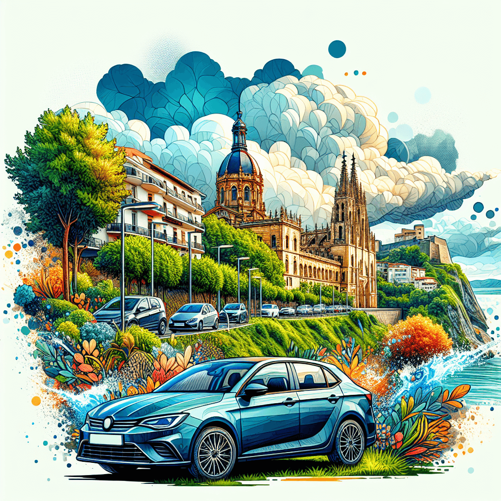 Stadt-Auto, grüne Landschaft, historisches Gebäude, baskische Wolken
