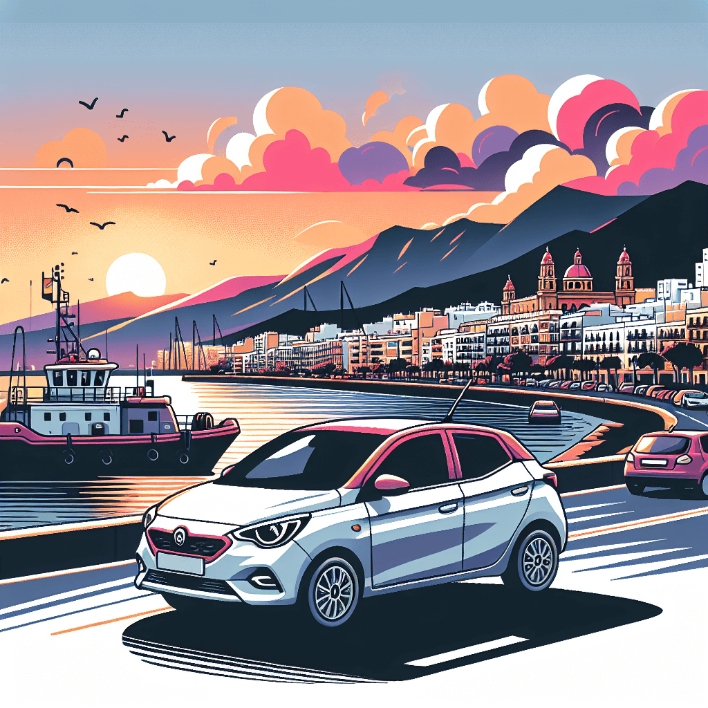 Voiture en ville, port d'Algeciras, montagnes et ciel coloré
