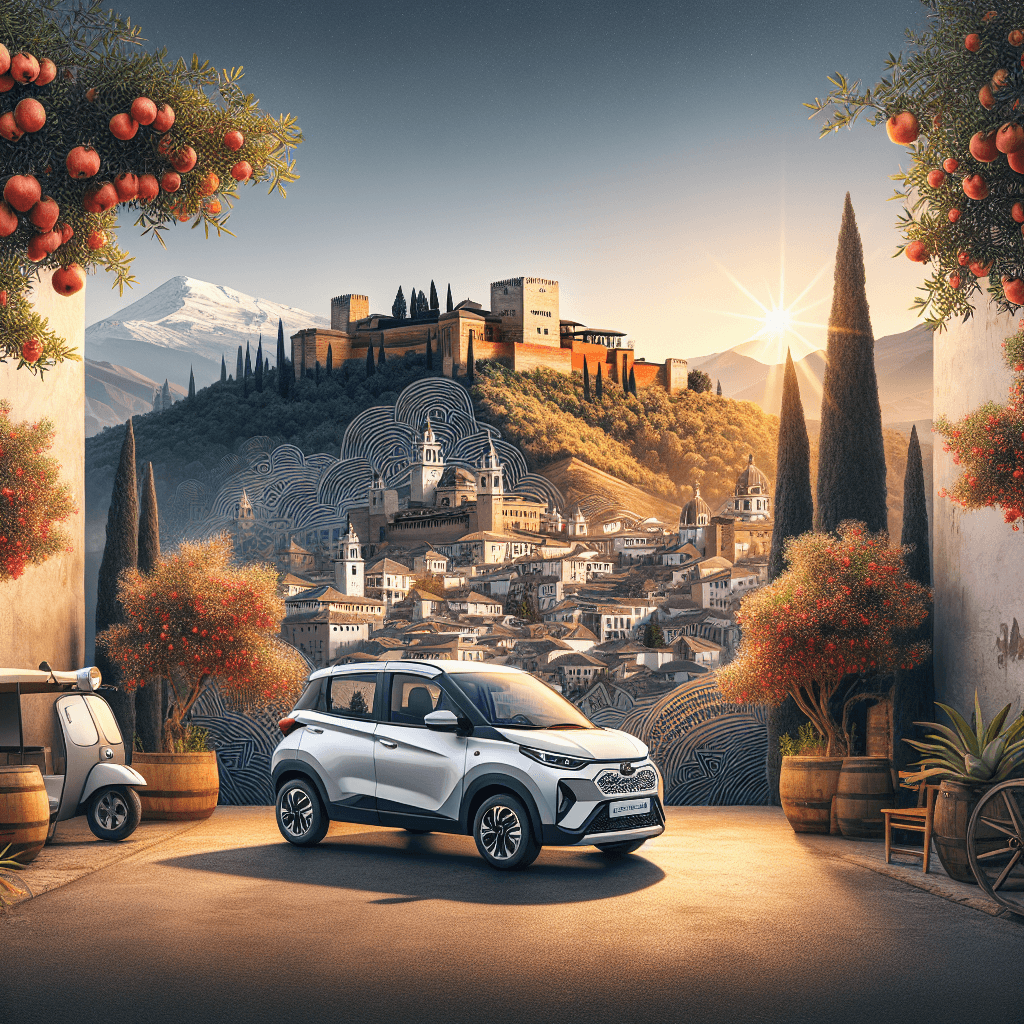 Voiture citadine devant le palais historique de l'Alhambra, avec des rues étroites et des montagnes de la Sierra Nevada