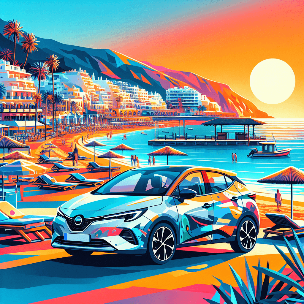 Une voiture moderne à la plage, palmiers, chiringuitos, coucher de soleil