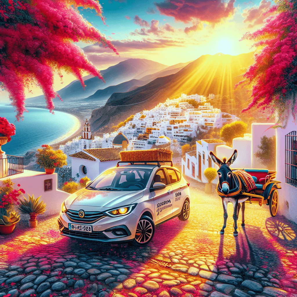 Voiture dans Mijas, burro-taxi, fleurs de buganvillas, mer et montagnes