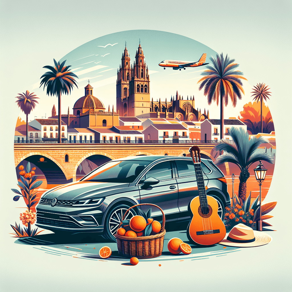 Voiture en ville, pont, cathédrale, guitare flamenco, panier d'oranges