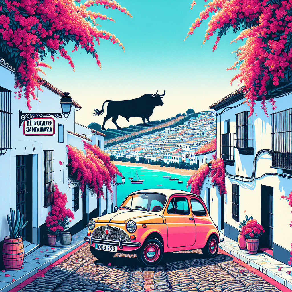 City car on narrow cobblestone road, surrounded by vibrant bougainvillea with an ocean view