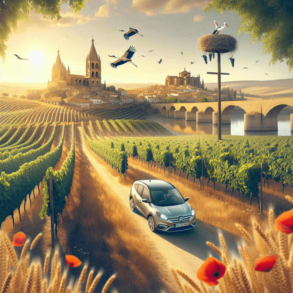 City car roaming Zamora's vineyards, Romanesque bridge and cathedral backdrop