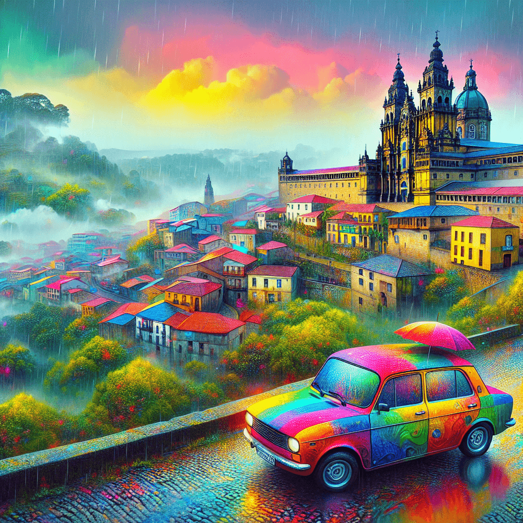 Macchina colorata su strade pietrose con cattedrale e pioggia