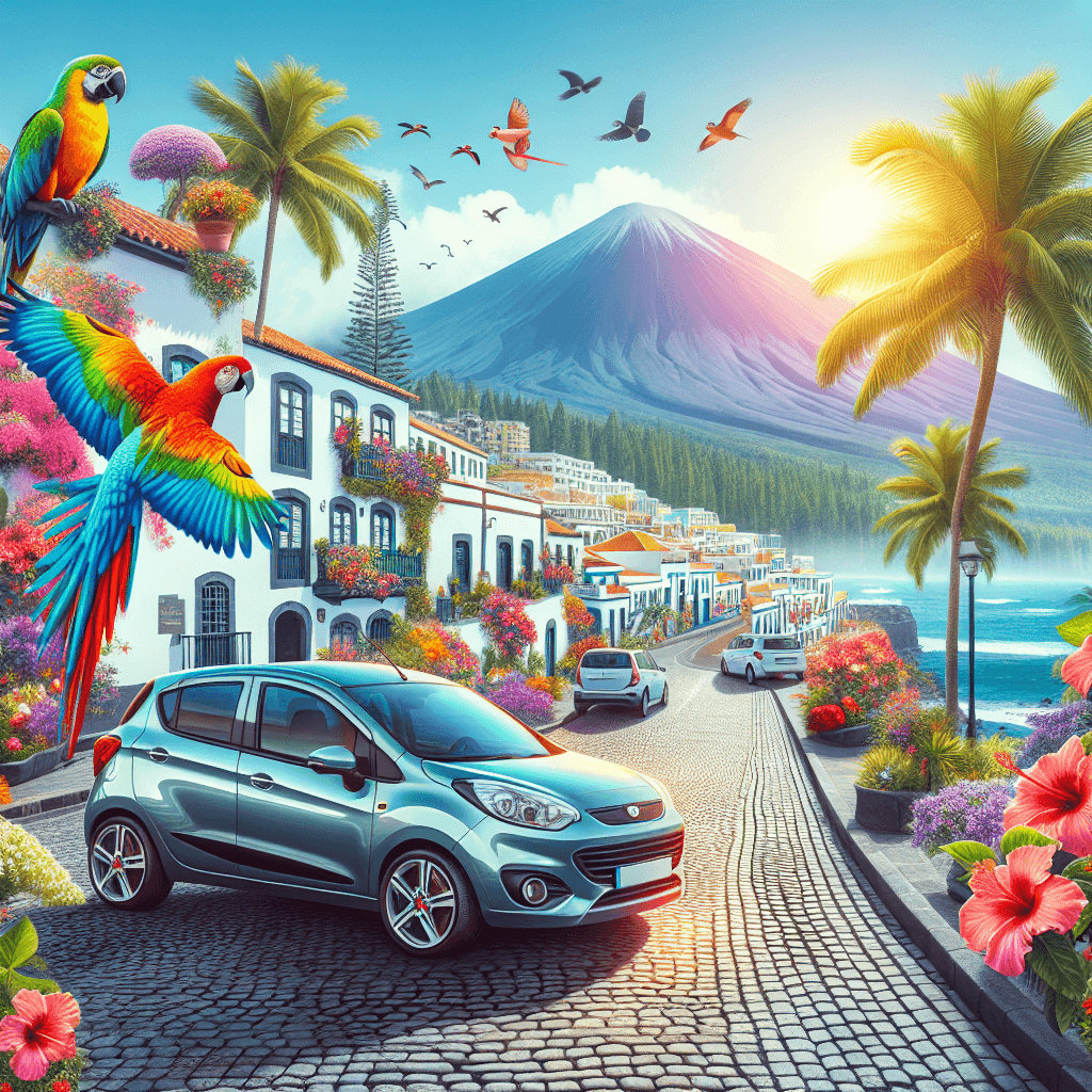 Auto, pappagalli colorati, fiori hibiscus, vulcano Teide