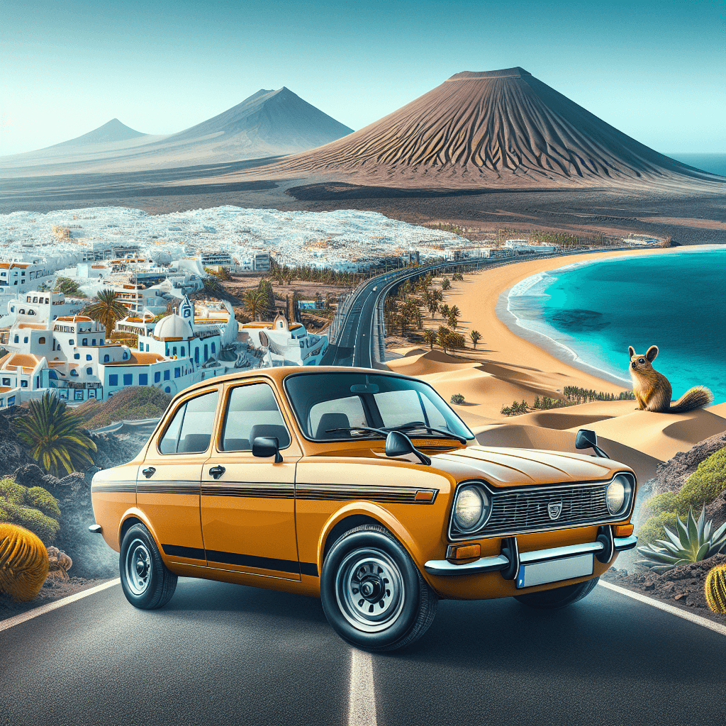 Coche en paisaje de Fuerteventura, dunas, montañas y aguas cristalinas