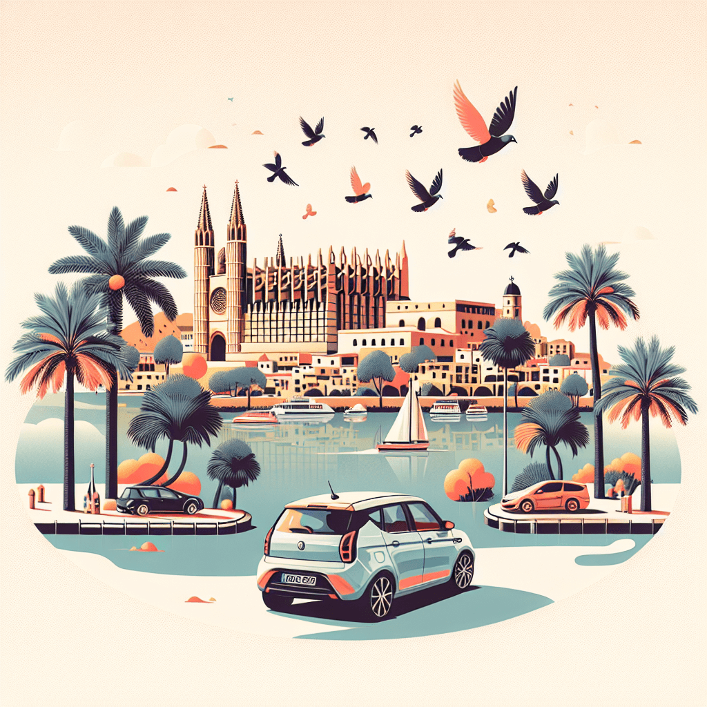 Coche en ciudad, Catedral de Mallorca, palmeras y palomas