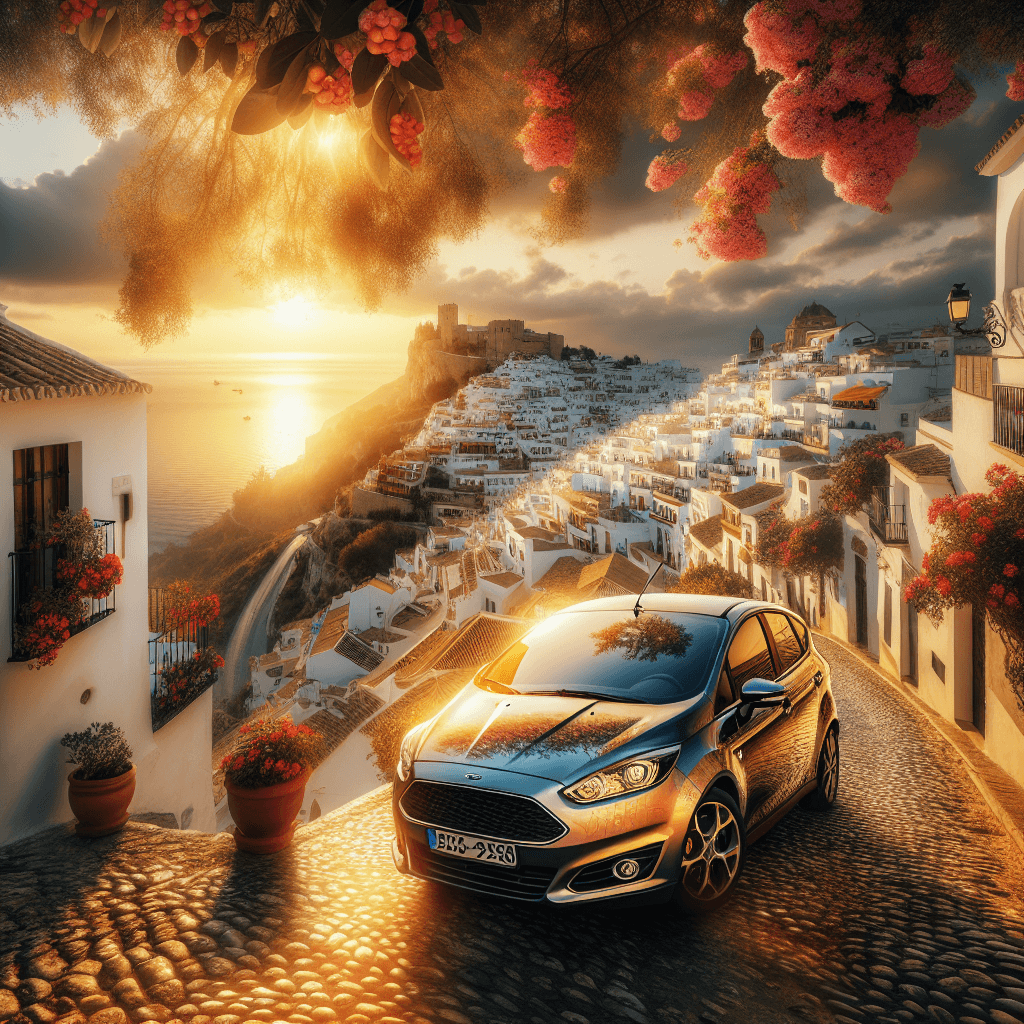 Coche en las angostas calles, Mijas al atardecer