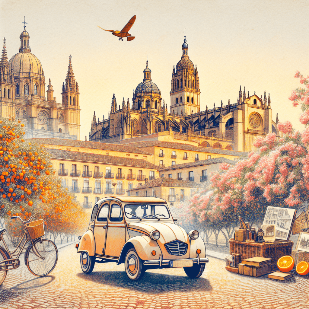 Coche en Salamanca con naranjos, estudiantes y bicicletas